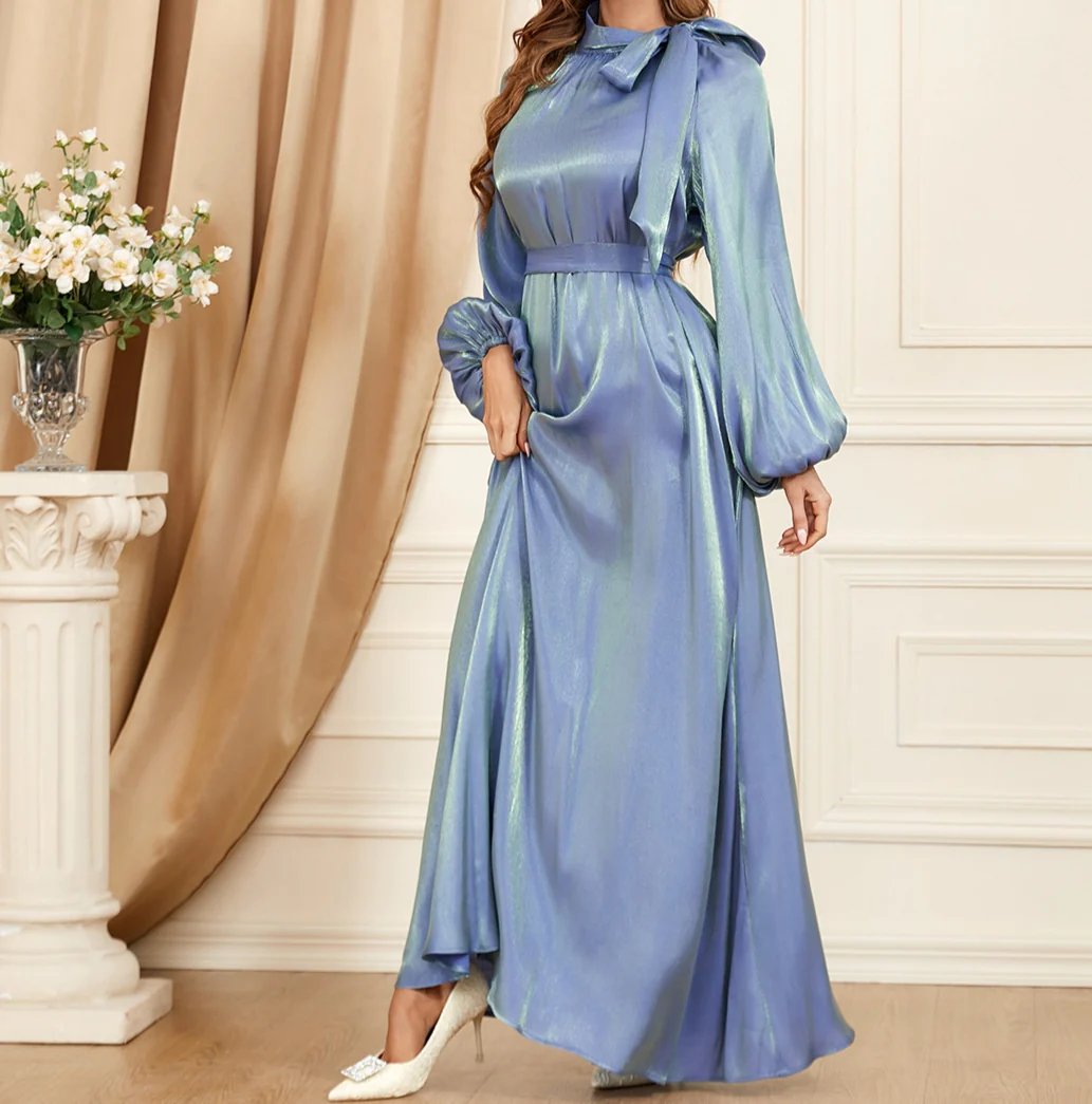 Shimmering Blue Tie-Neck Maxi Dress - Image 3