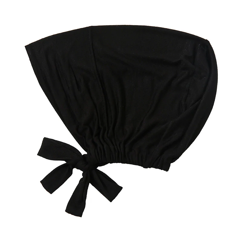 Bamboo Closed Hijab Caps - Tie Back - Adjustable Underscarf | Black - Image 2
