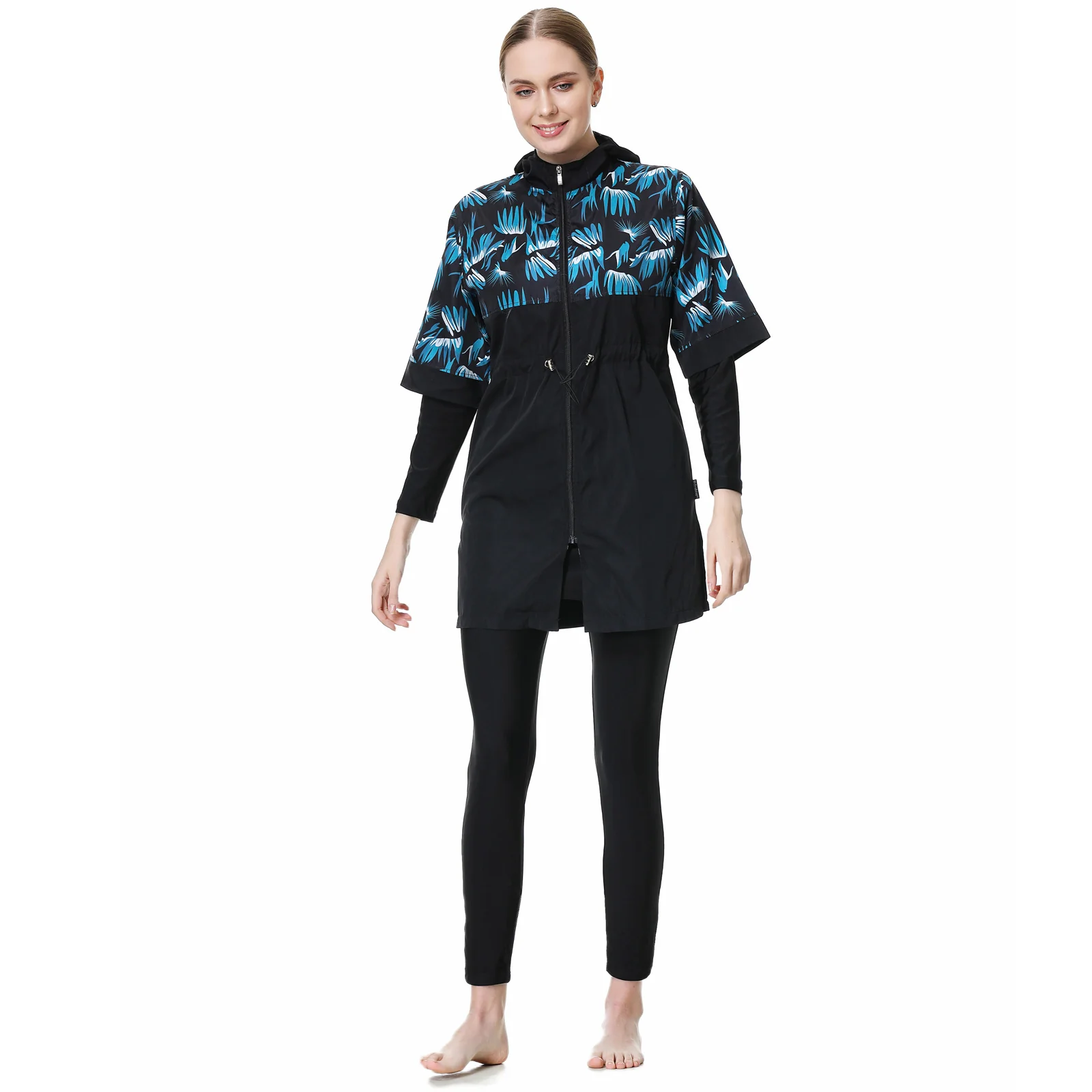 Black Burkini Modest Swimwear | Blue Floral Design | 3 Piece Set - Image 3