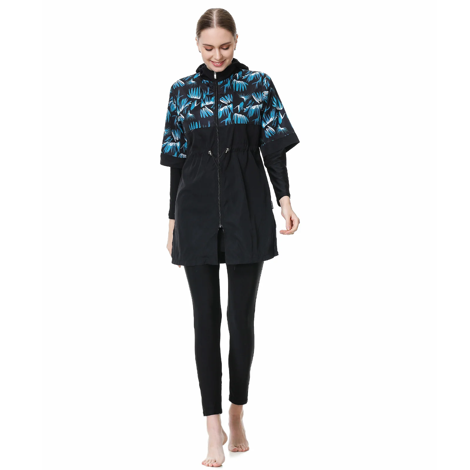 Black Burkini Modest Swimwear | Blue Floral Design | 3 Piece Set - Image 4