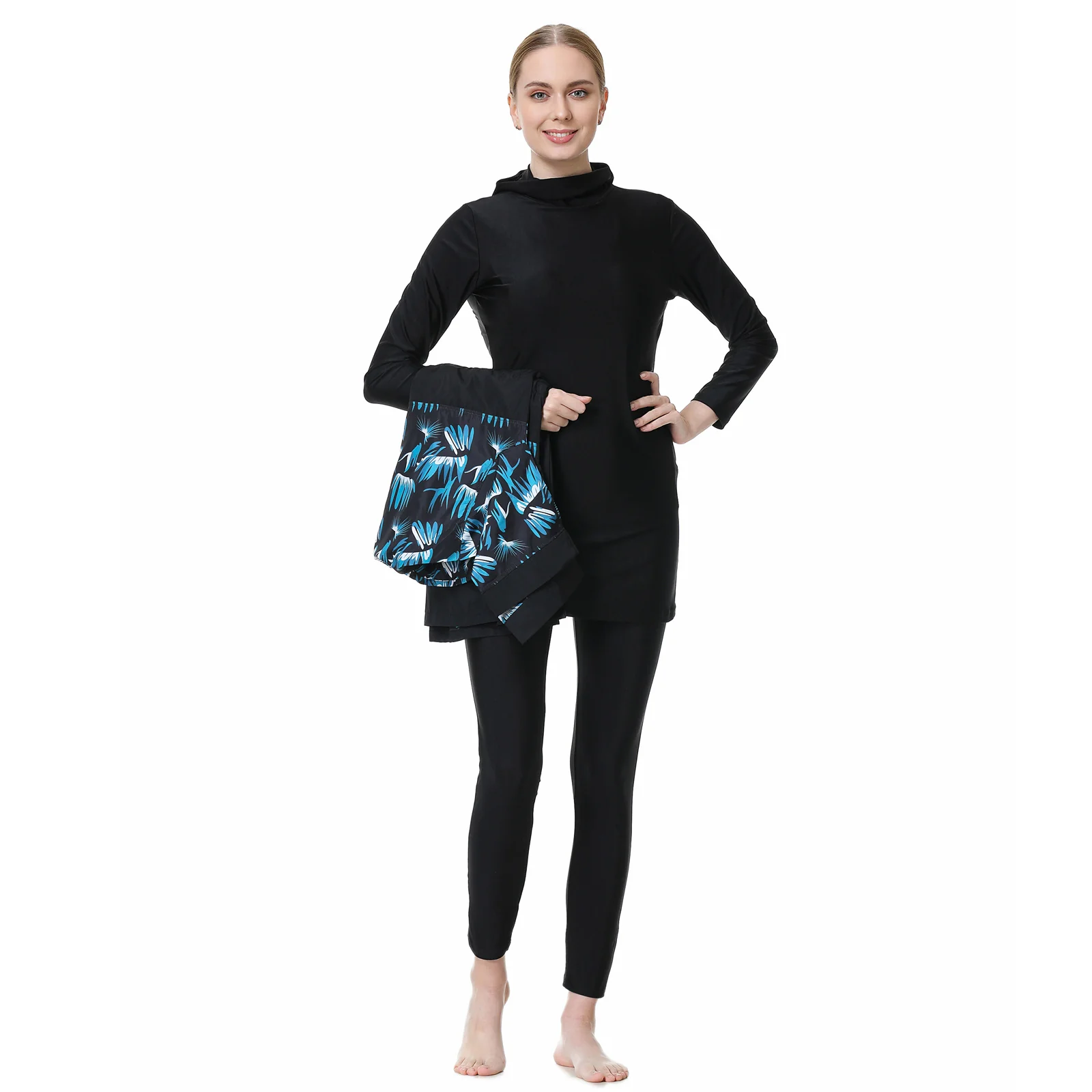 Black Burkini Modest Swimwear | Blue Floral Design | 3 Piece Set - Image 6
