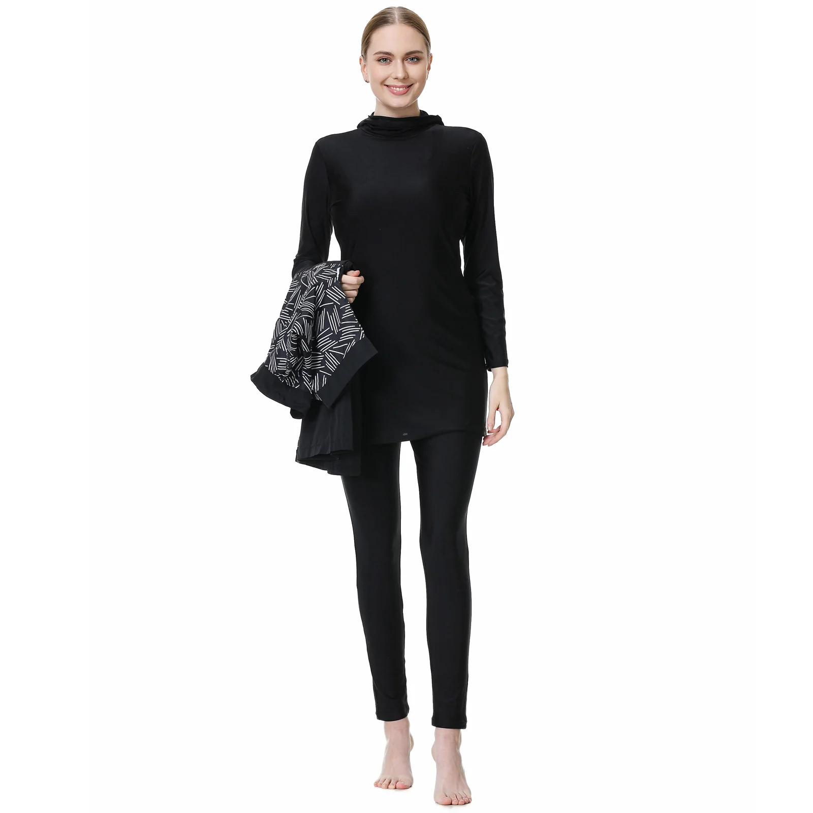 Black Burkini Modest Swimwear | Printed Design | 3 Piece Set - Image 5
