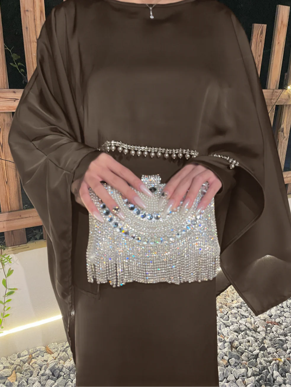 Eid Dress Elegant Satin Cape Abaya | Modest Eid Dress with Pearl & Rhinestone in Mocha (clearance online only) - Image 3