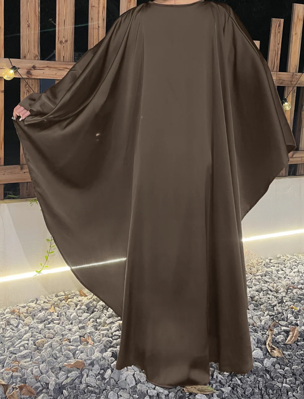 Eid Dress Elegant Satin Cape Abaya | Modest Eid Dress with Pearl & Rhinestone in Mocha (clearance online only) - Image 4