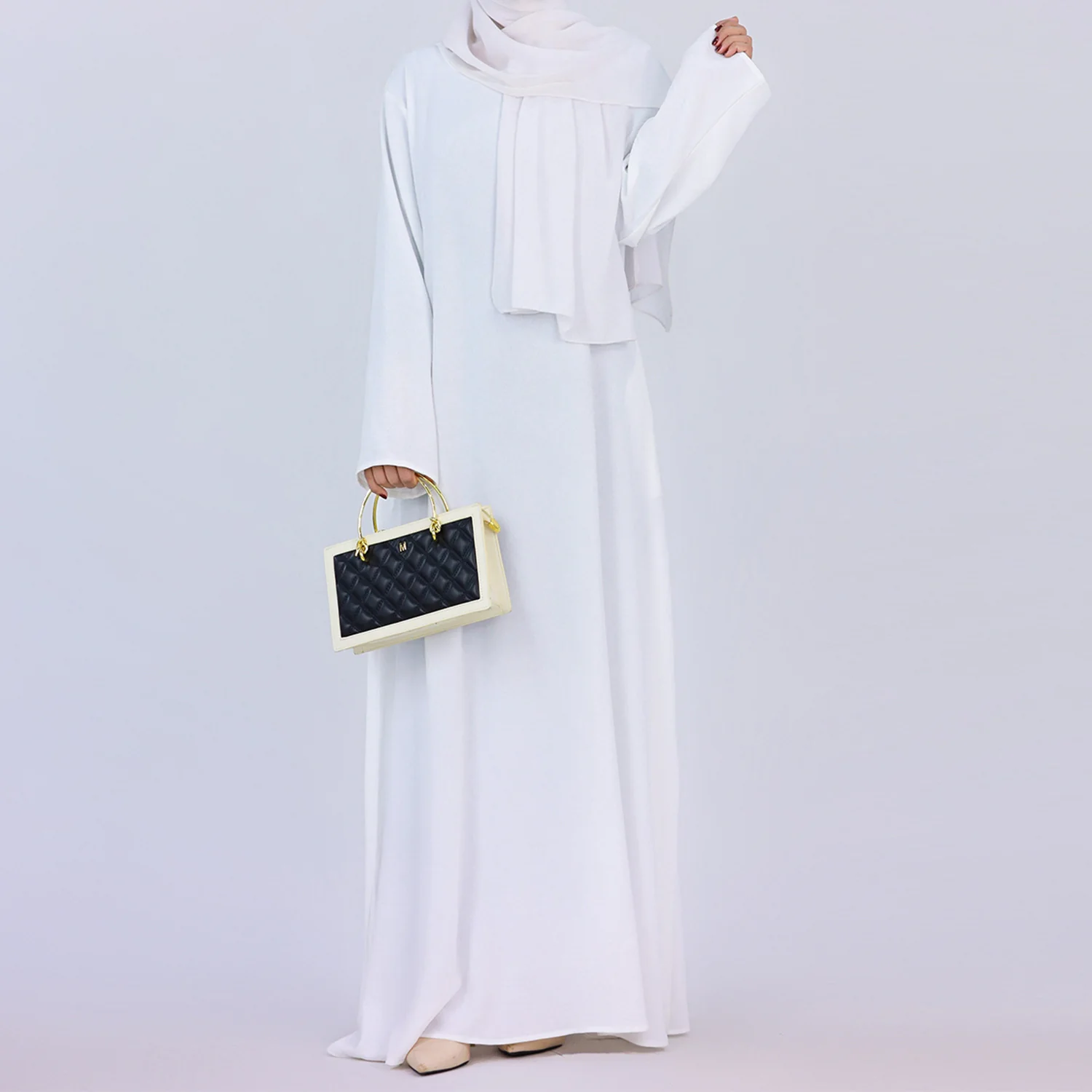 Crepe Plain Abaya in White (as Inner Only - Long Sleeves) Clearance Item online only - Image 2