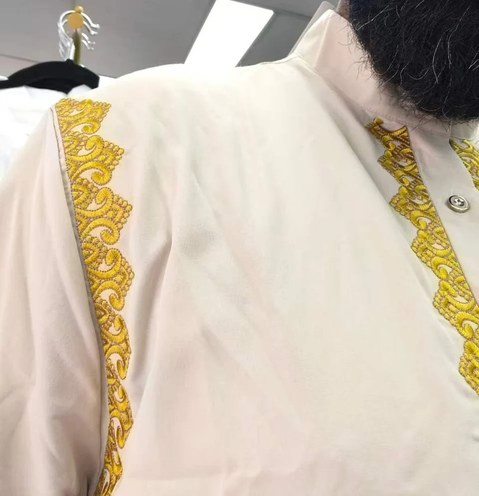 Collar Embroidered Men Thobe in Cream Beige - Image 3