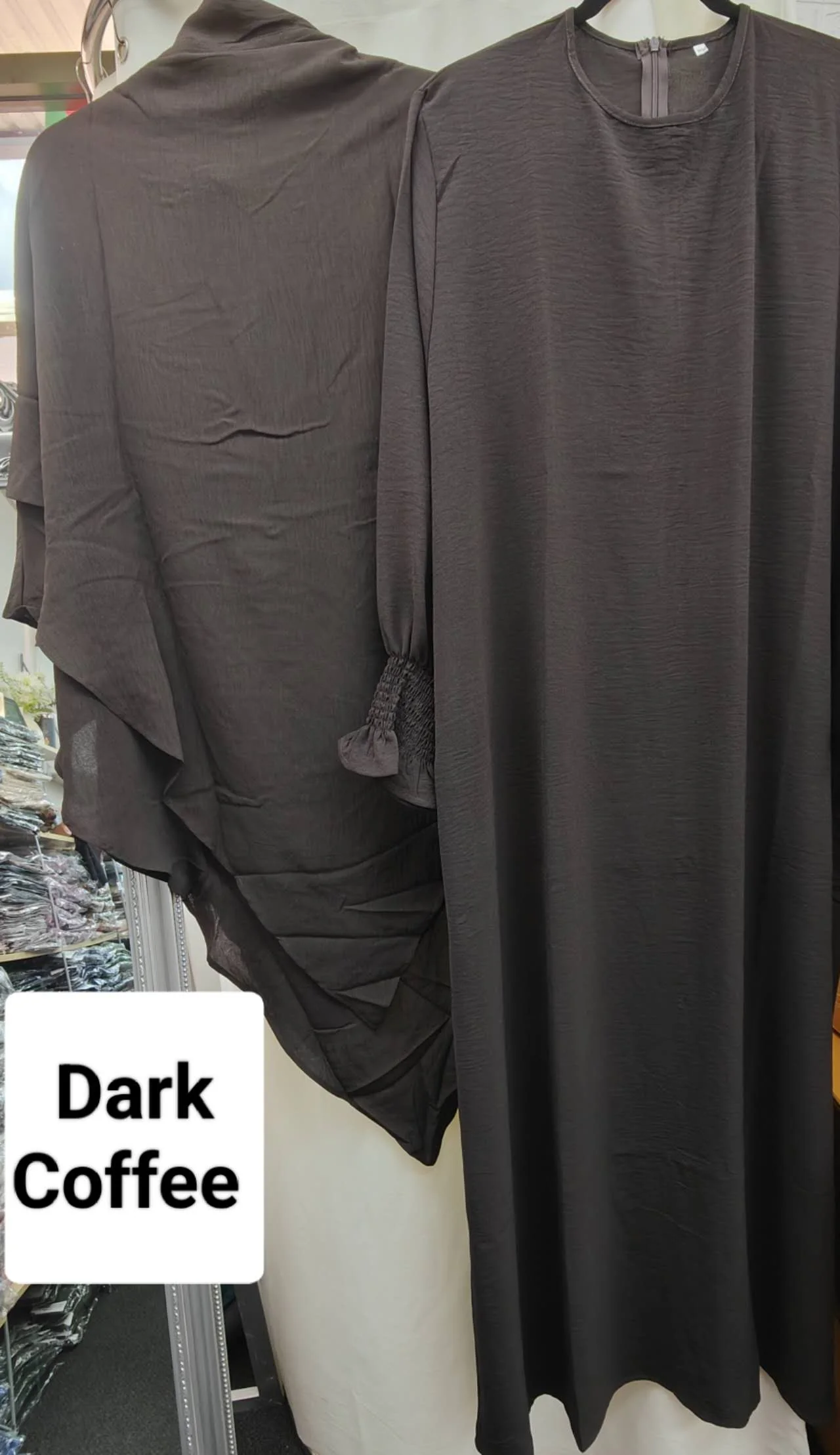 Dark Coffee Crepe Crinkle Abaya With Khimar Set - clearance online only