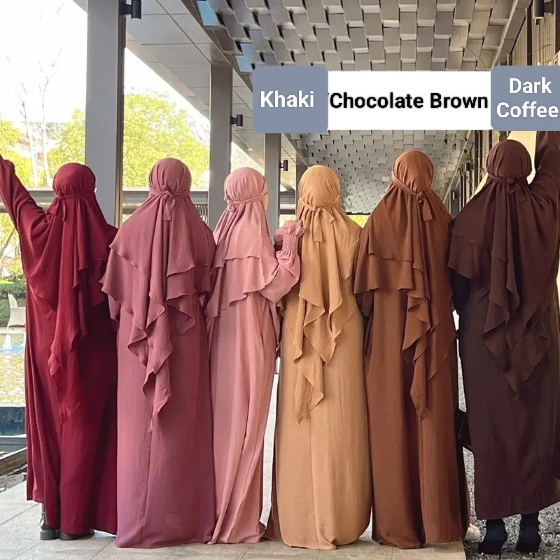 Dark Coffee Crepe Crinkle Abaya With Khimar Set - clearance online only - Image 2