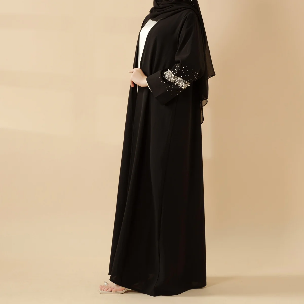 Decorative Open Abaya With Matching Hijab - Black - Image 3
