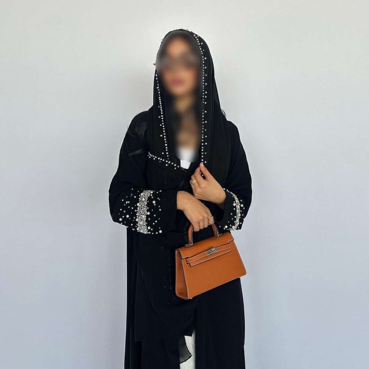 Decorative Open Abaya With Matching Hijab - Black - Image 4