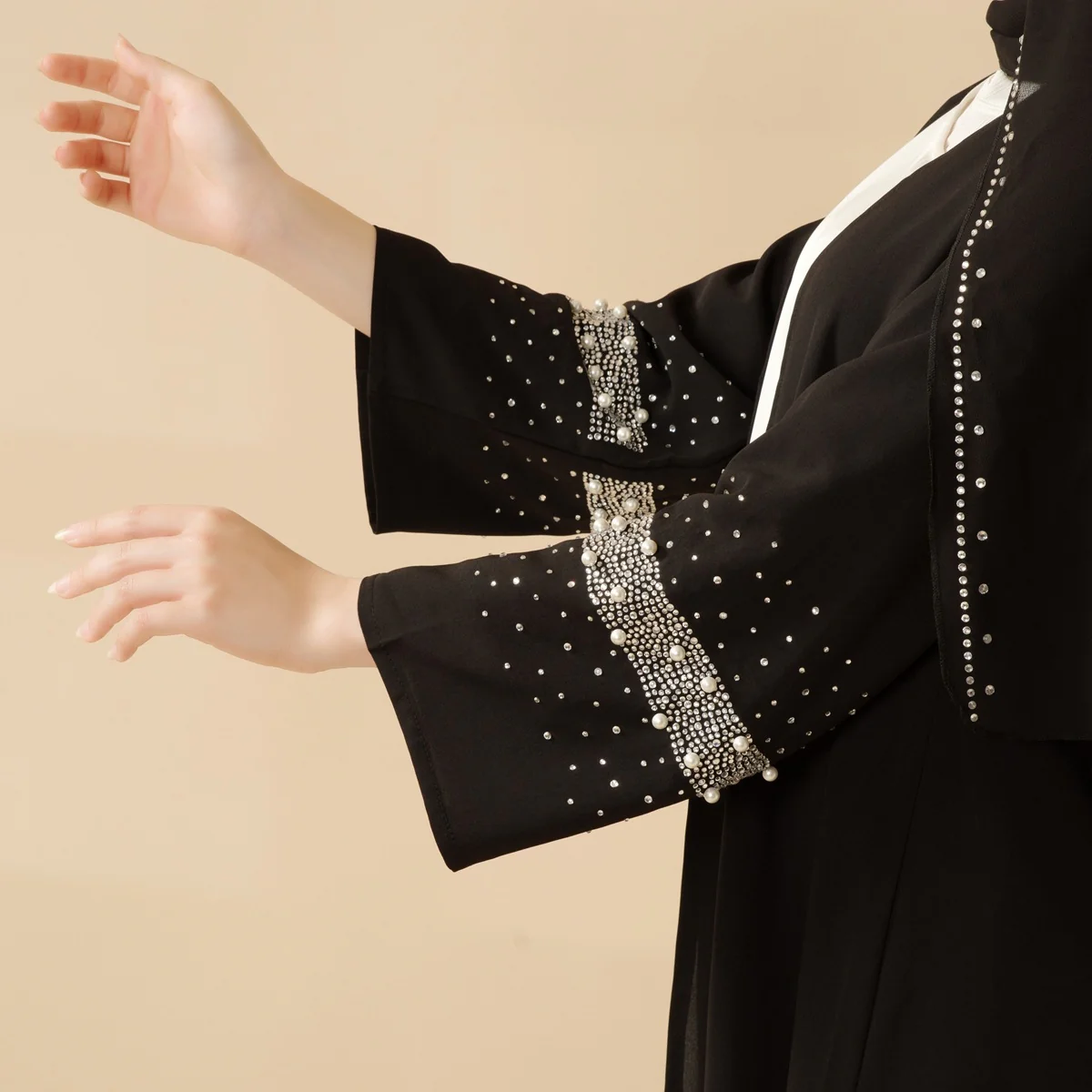Decorative Open Abaya With Matching Hijab - Black - Image 5