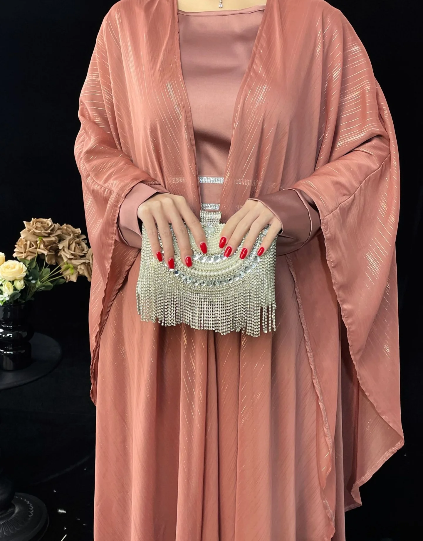 Eid Collection | Elegant Shimmery Abaya 3 pcs Set in Blush Pink - Image 3