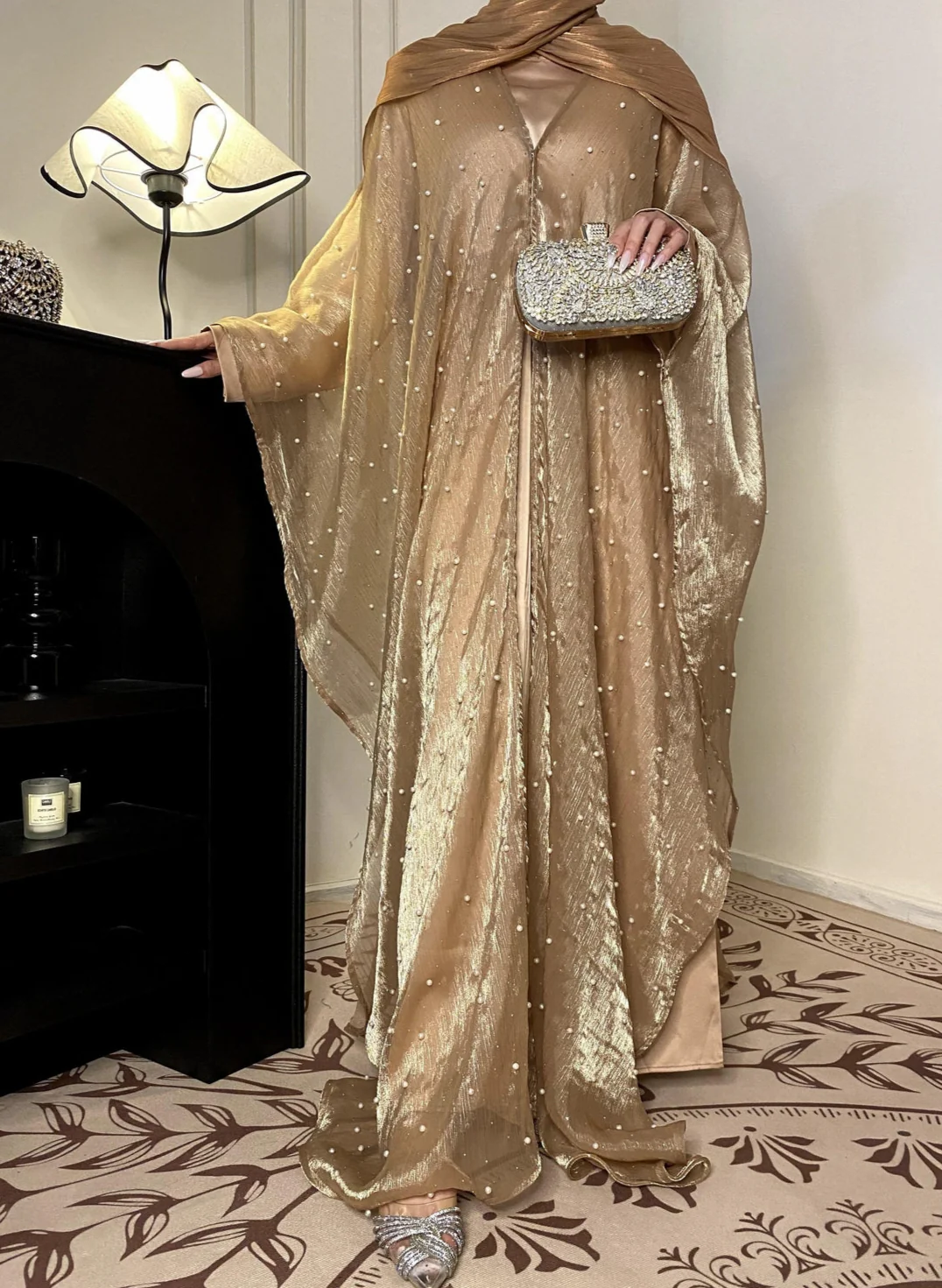 Eid Collection | Elegant Starlight Abaya Set in Rose Gold (clearance online only)