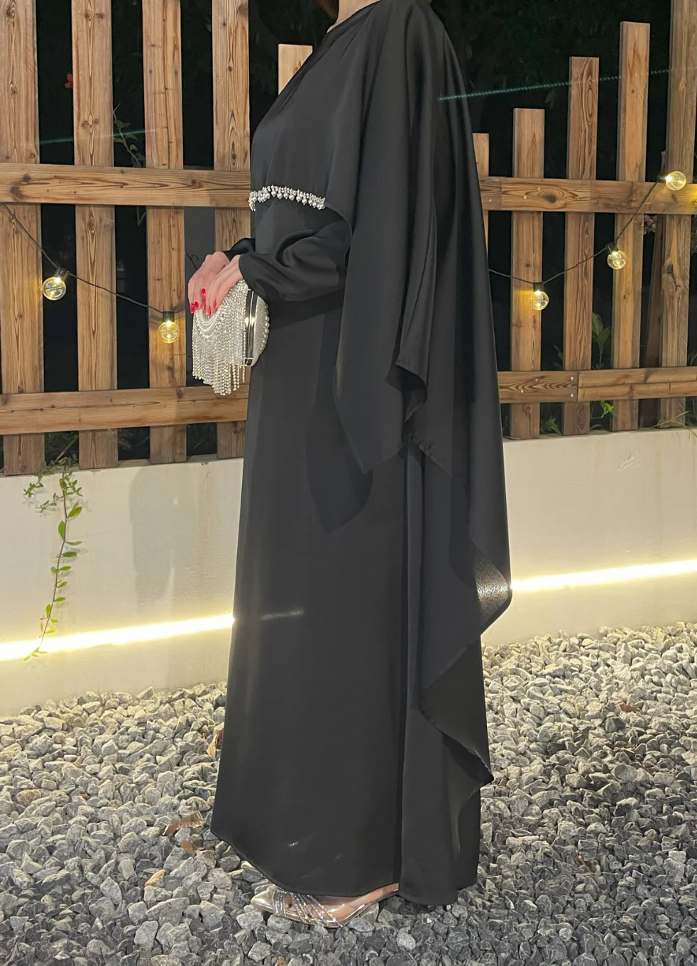 Eid Dress Elegant Satin Cape Abaya | Modest Eid Dress with Pearl & Rhinestone in Black (clearance online only) - Image 4