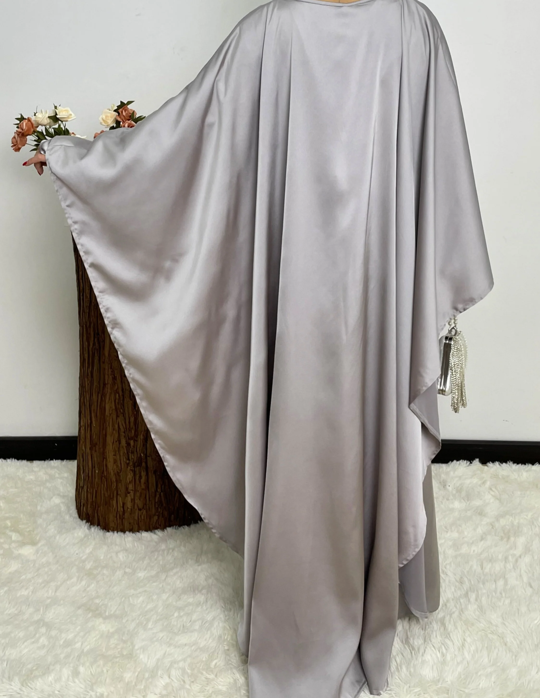 Eid Dress Elegant Satin Cape Abaya | Modest Eid Dress with Pearl & Rhinestone in Pearl Grey (clearance online only) - Image 4
