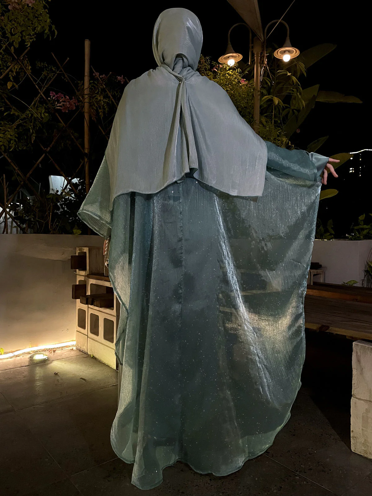 Eid Edit|Elegant Satin Abaya with Dazzling Cape & Rhinestones Belt in Dusty Aqua|Eid Abaya Dresses - Image 3