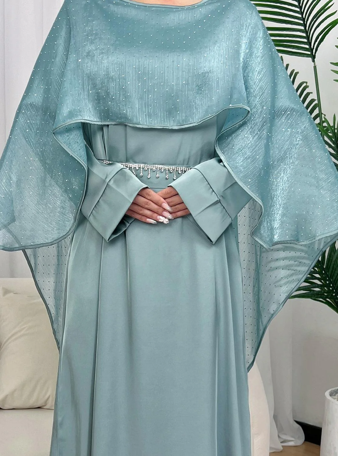 Eid Edit|Elegant Satin Abaya with Dazzling Cape & Rhinestones Belt in Dusty Aqua|Eid Abaya Dresses - Image 4