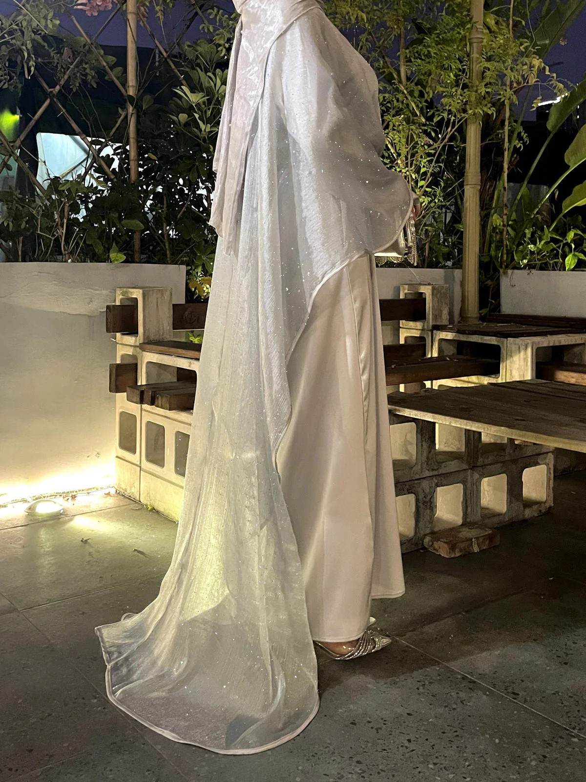 Eid Edit|Elegant Satin Abaya with Dazzling Cape & Rhinestones Belt in Silver Grey|Eid Abaya Dresses - Image 4