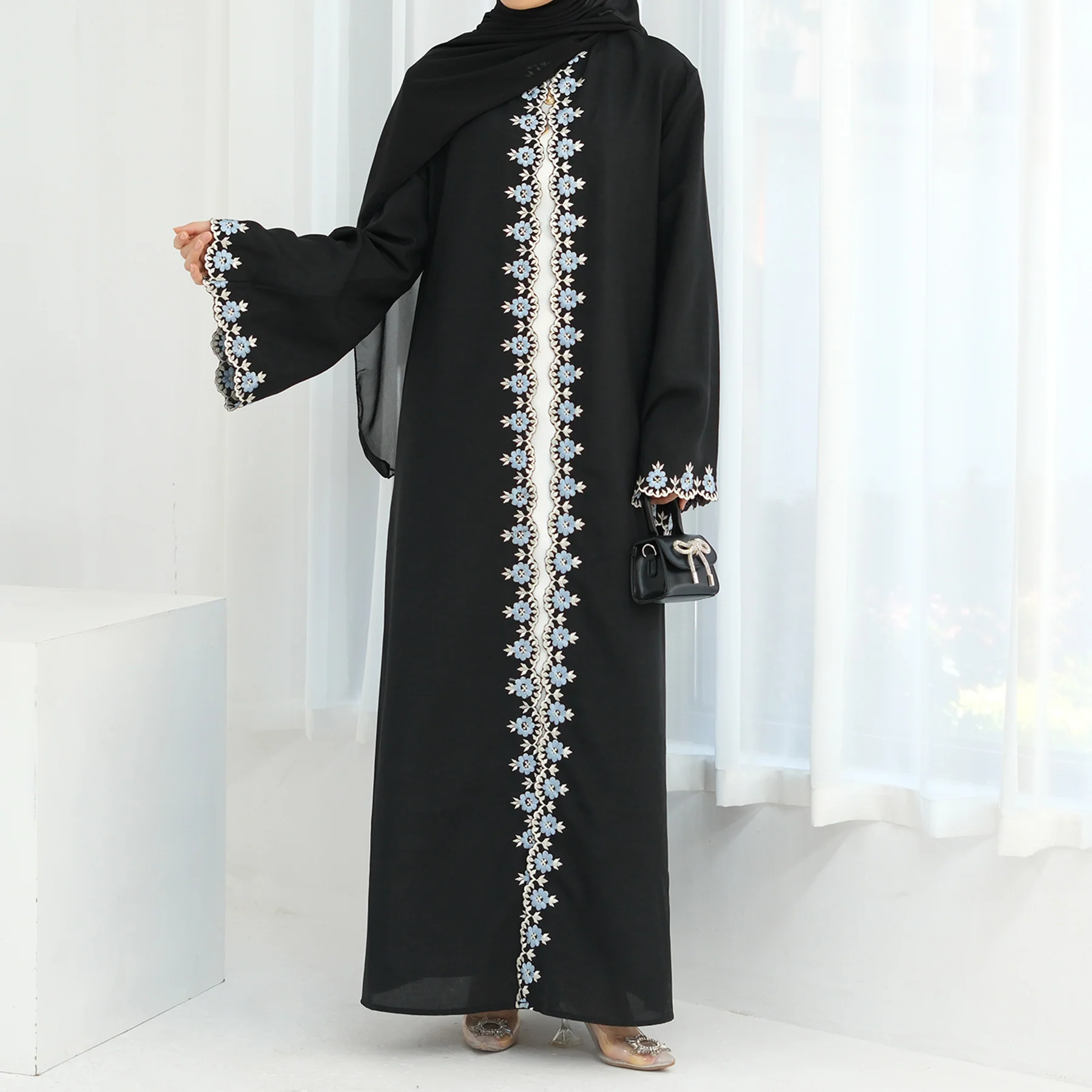 Eid Edit|Open Abaya With Floral Embroidery (clearance online only) - Image 2
