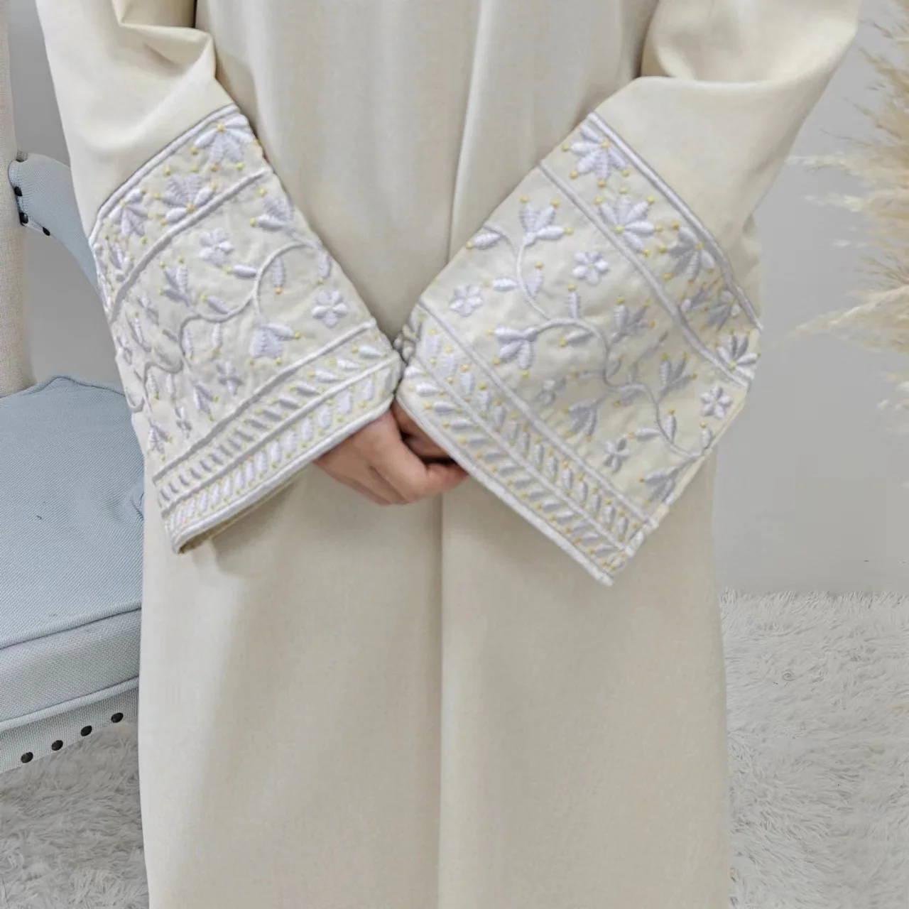 Elegant Closed Abaya With Embroidered Sleeves in Cream Waffle - clearance online only - Image 3