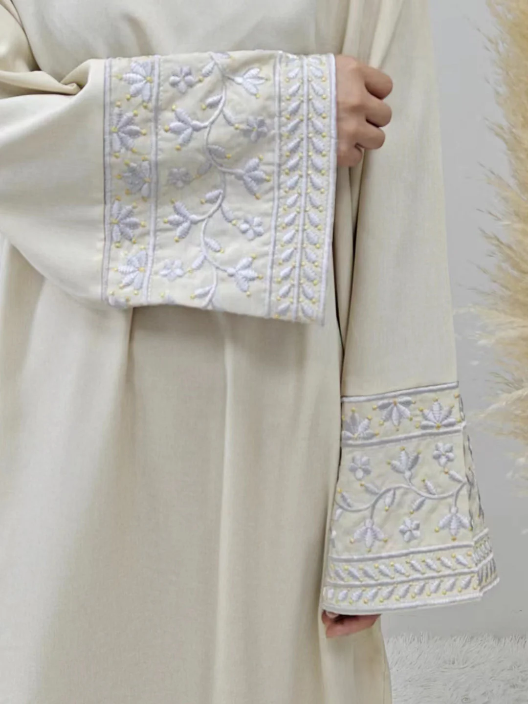 Elegant Closed Abaya With Embroidered Sleeves in Cream Waffle - clearance online only - Image 4