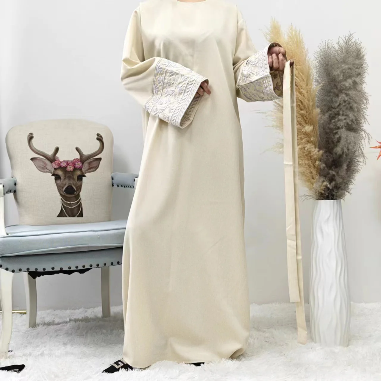 Elegant Closed Abaya With Embroidered Sleeves in Cream Waffle - clearance online only - Image 5