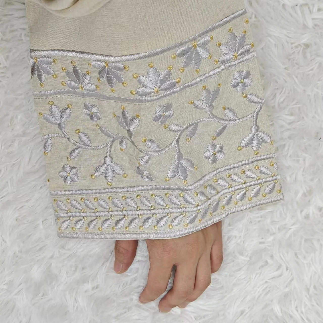 Elegant Closed Abaya With Embroidered Sleeves in Cream Waffle - clearance online only - Image 6