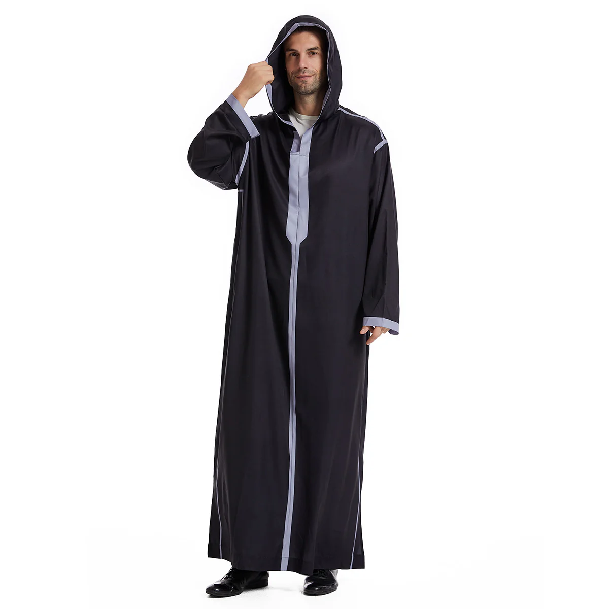 Elegant Mens Thobe With Hoodie In Black - Image 4