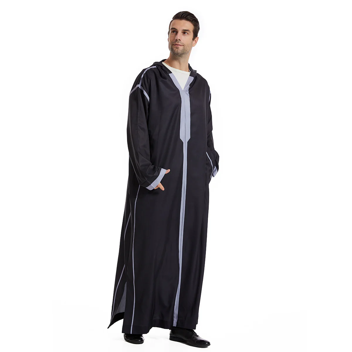 Elegant Mens Thobe With Hoodie In Black - Image 5