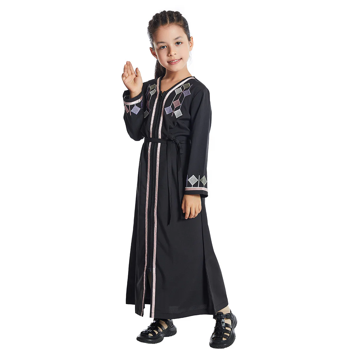 Girls Abaya With Embroidery in Black - Image 7