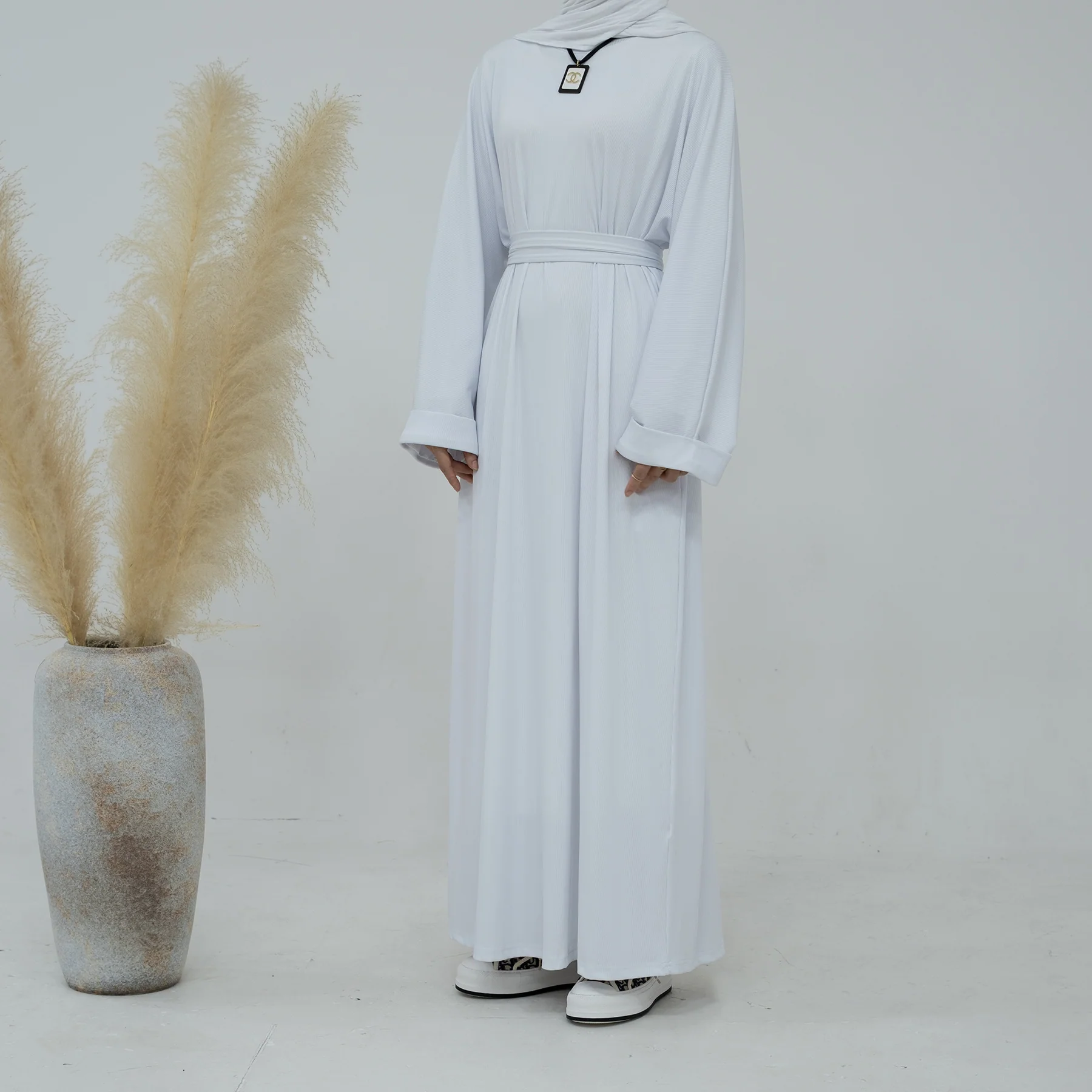 Autumn Winter Plain Abaya--White - Image 3