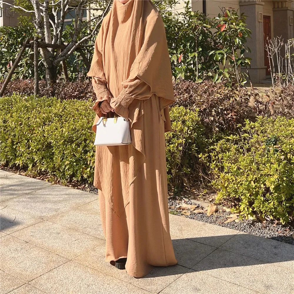 Khaki Crepe Crinkle Abaya With Khimar Set - clearance online only