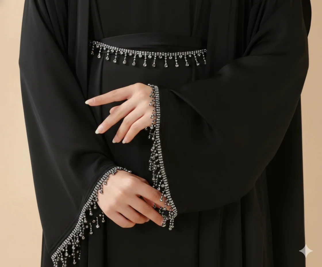 Rhinestones Satin Abaya 6 pcs Set - Black - Image 4