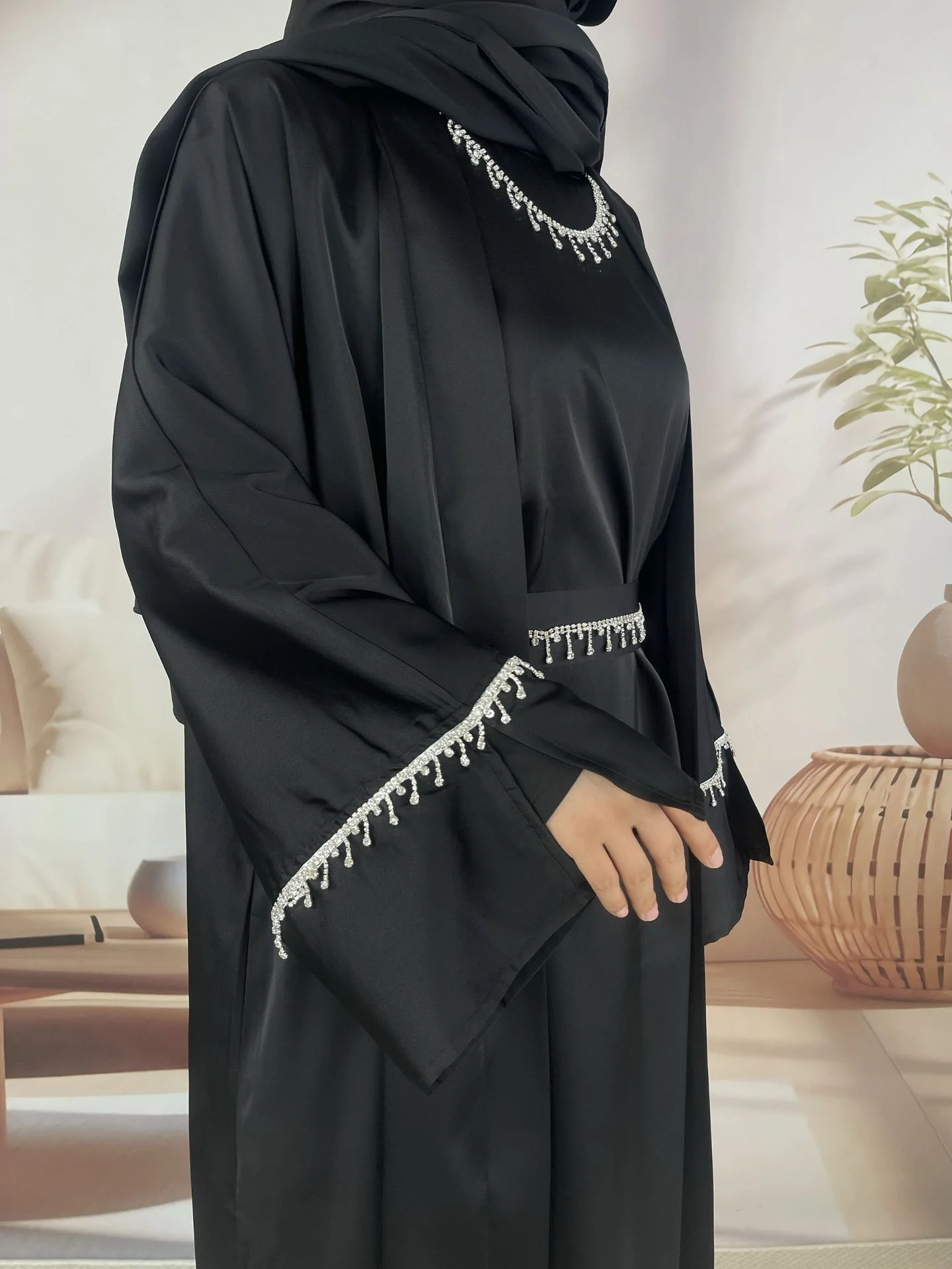 Rhinestones Satin Abaya 6 pcs Set - Black - Image 5