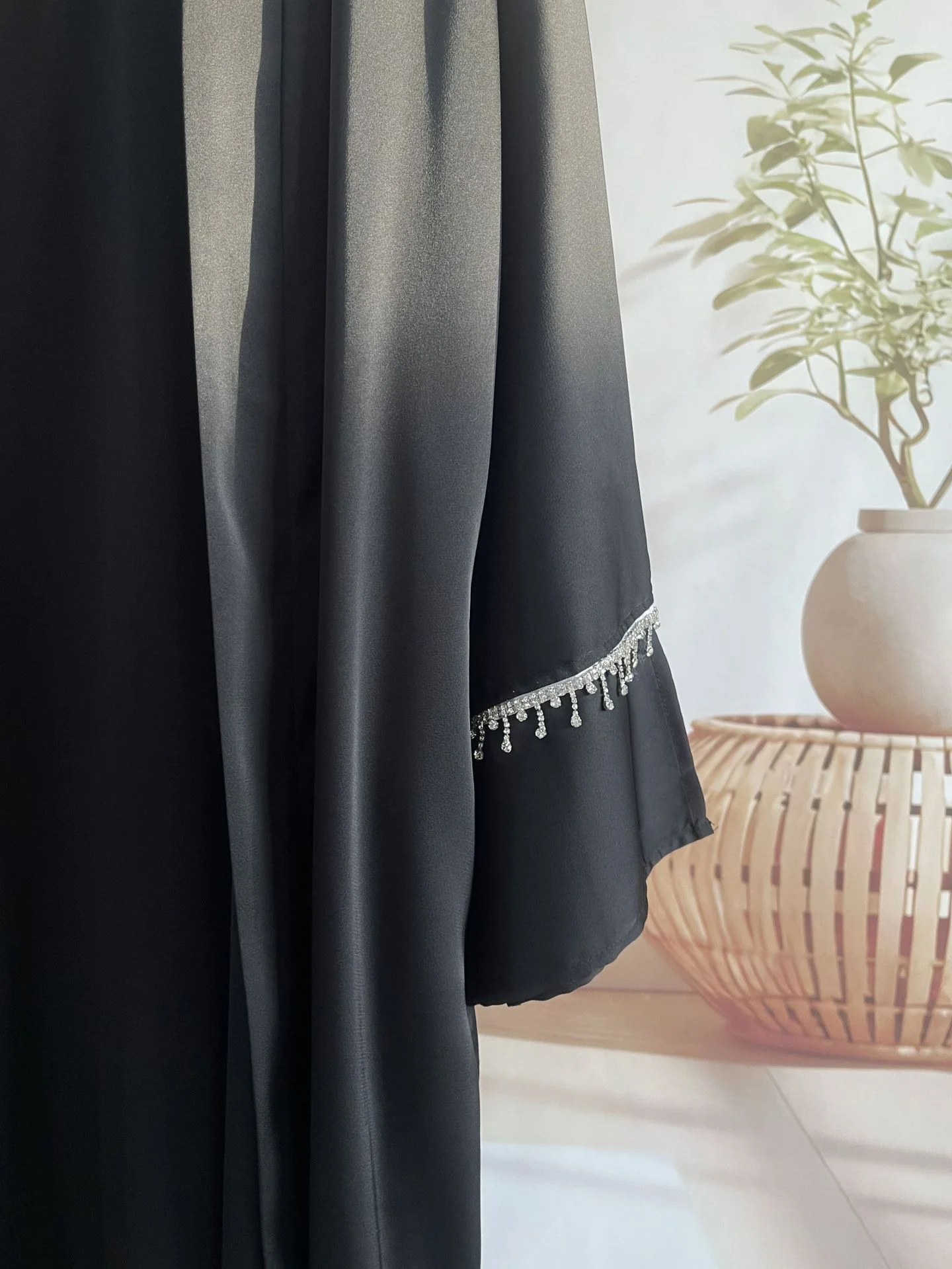 Rhinestones Satin Abaya 6 pcs Set - Black - Image 6