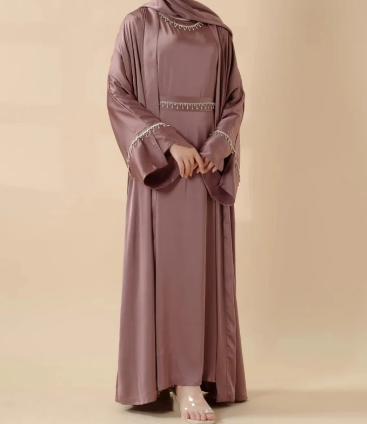 Rhinestones Satin Abaya 6 pcs Set - Berry - Image 3