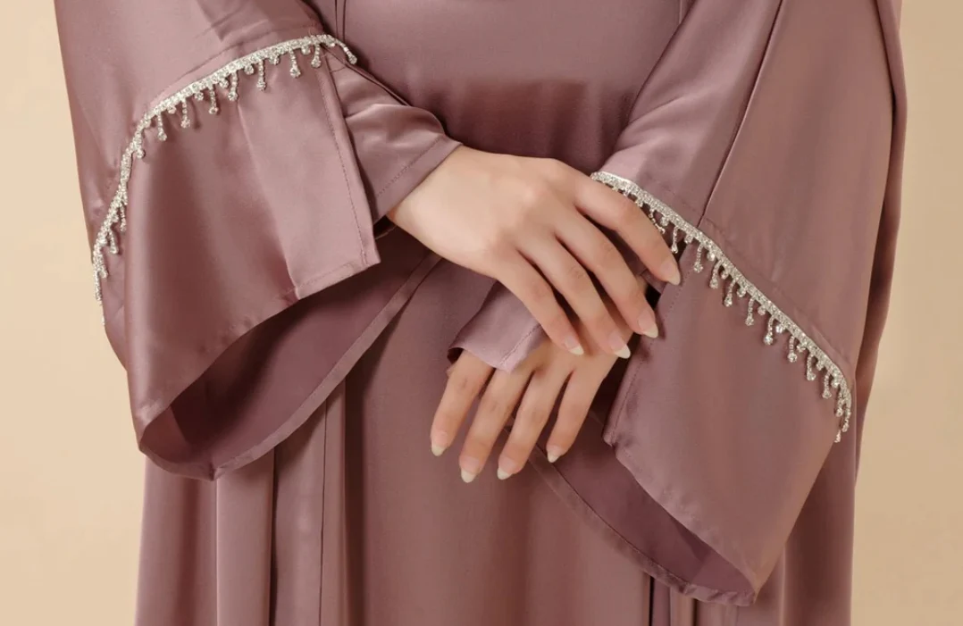 Rhinestones Satin Abaya 6 pcs Set - Berry - Image 4