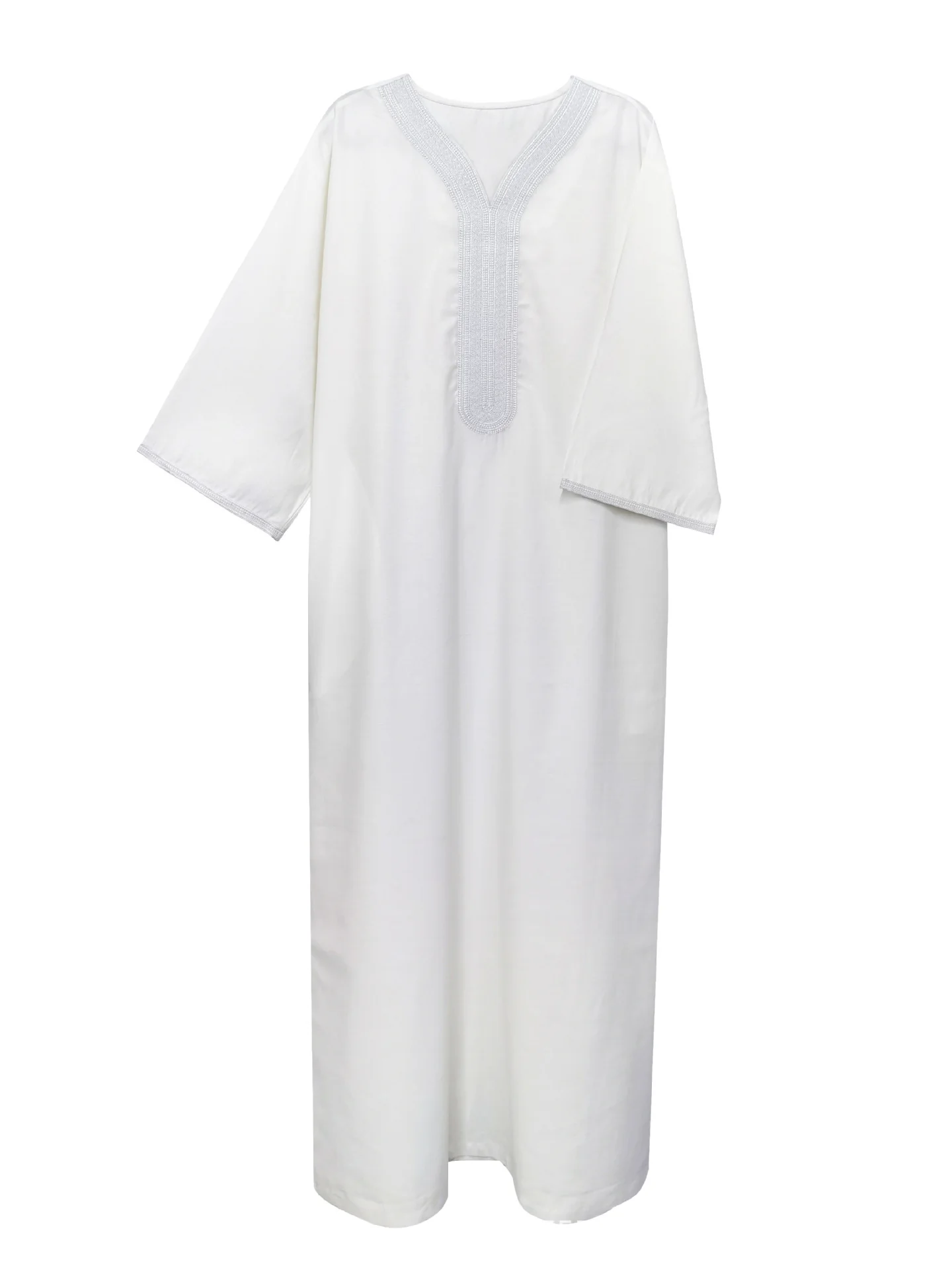 Moroccan Style Summer Linen Men Thobe Half Sleeves - White - Image 3
