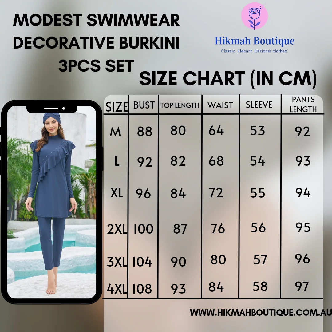 Modest Swimwear Decorative Burkini in Dusty Royal Blue | 3 Piece Set - Image 3