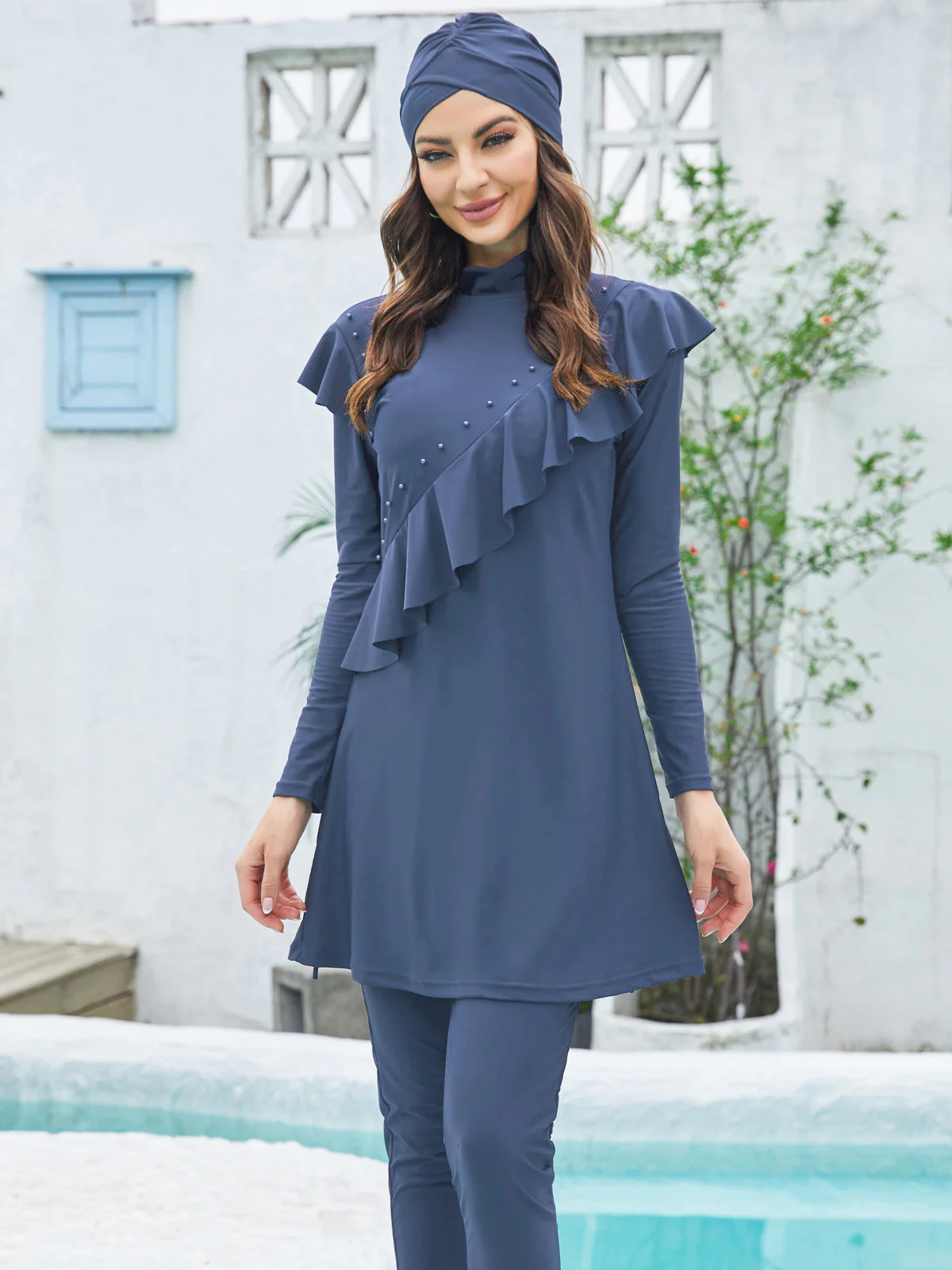 Modest Swimwear Decorative Burkini in Dusty Royal Blue | 3 Piece Set - Image 4
