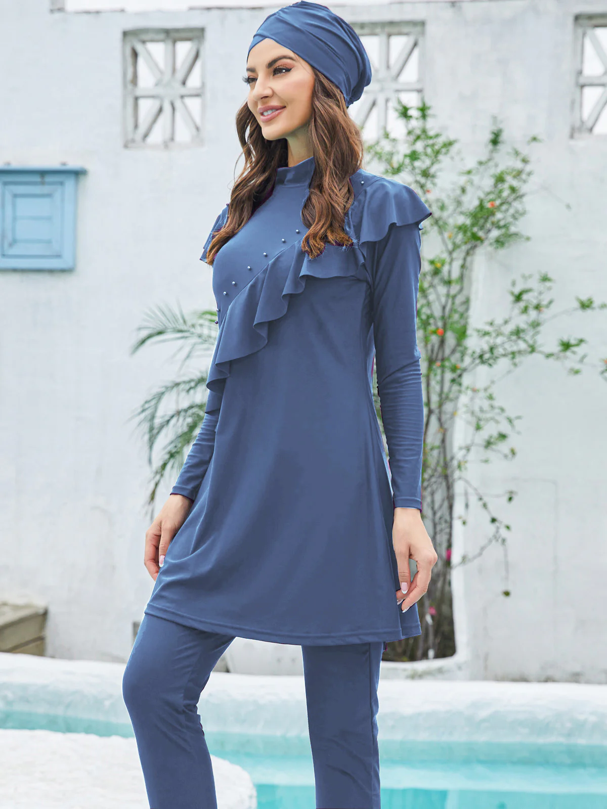 Modest Swimwear Decorative Burkini in Dusty Royal Blue | 3 Piece Set - Image 5