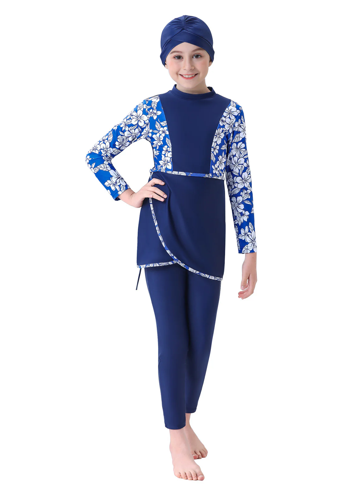 Modest Swimwear for Girls in Floral Blue | 3 Piece Swimsuit Set - Image 3