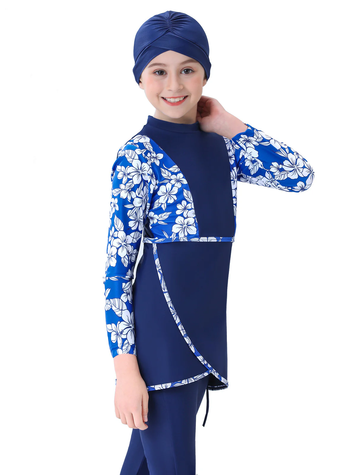 Modest Swimwear for Girls in Floral Blue | 3 Piece Swimsuit Set - Image 4