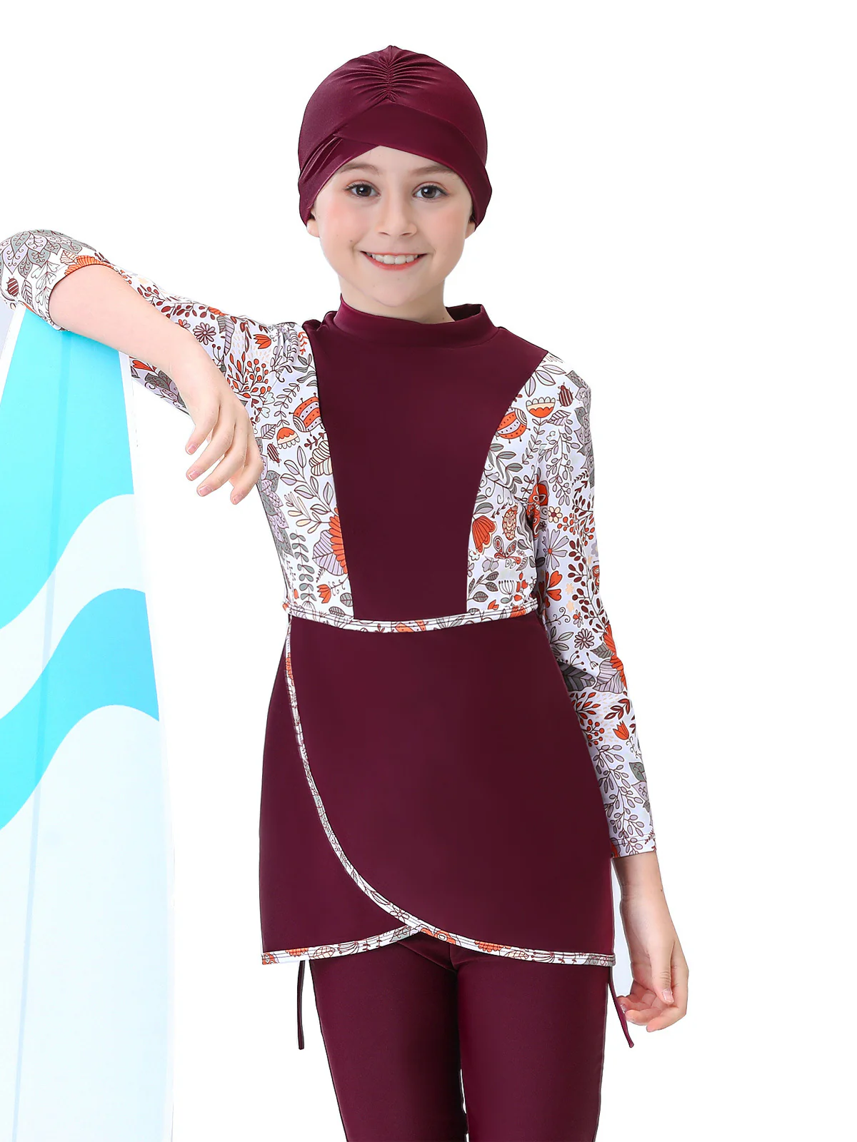 Modest Swimwear for Girls in Floral Red | 3 Piece Swimsuit Set - Image 3