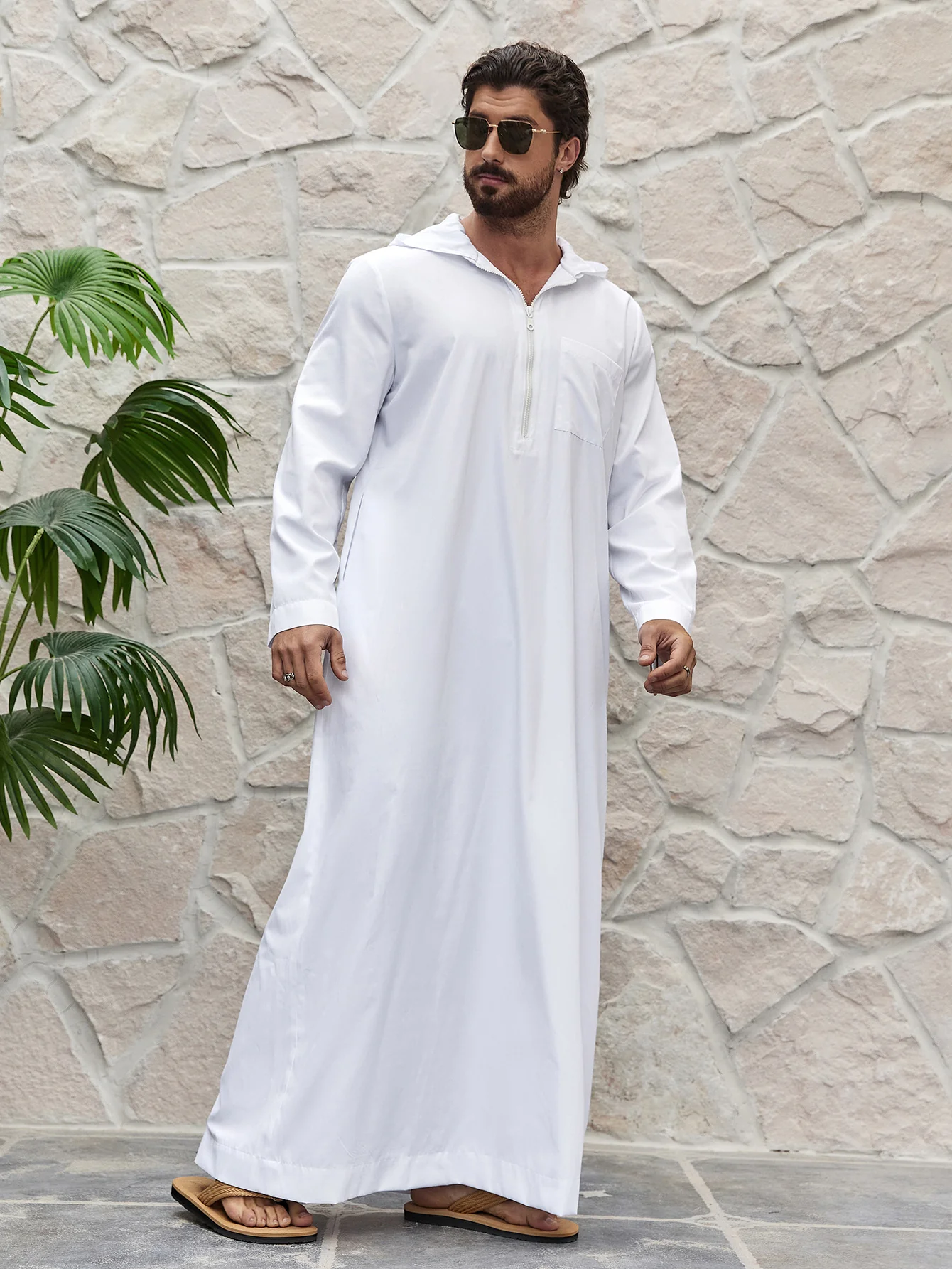 Modest Thobe For Men With Hoodie In White - Image 3