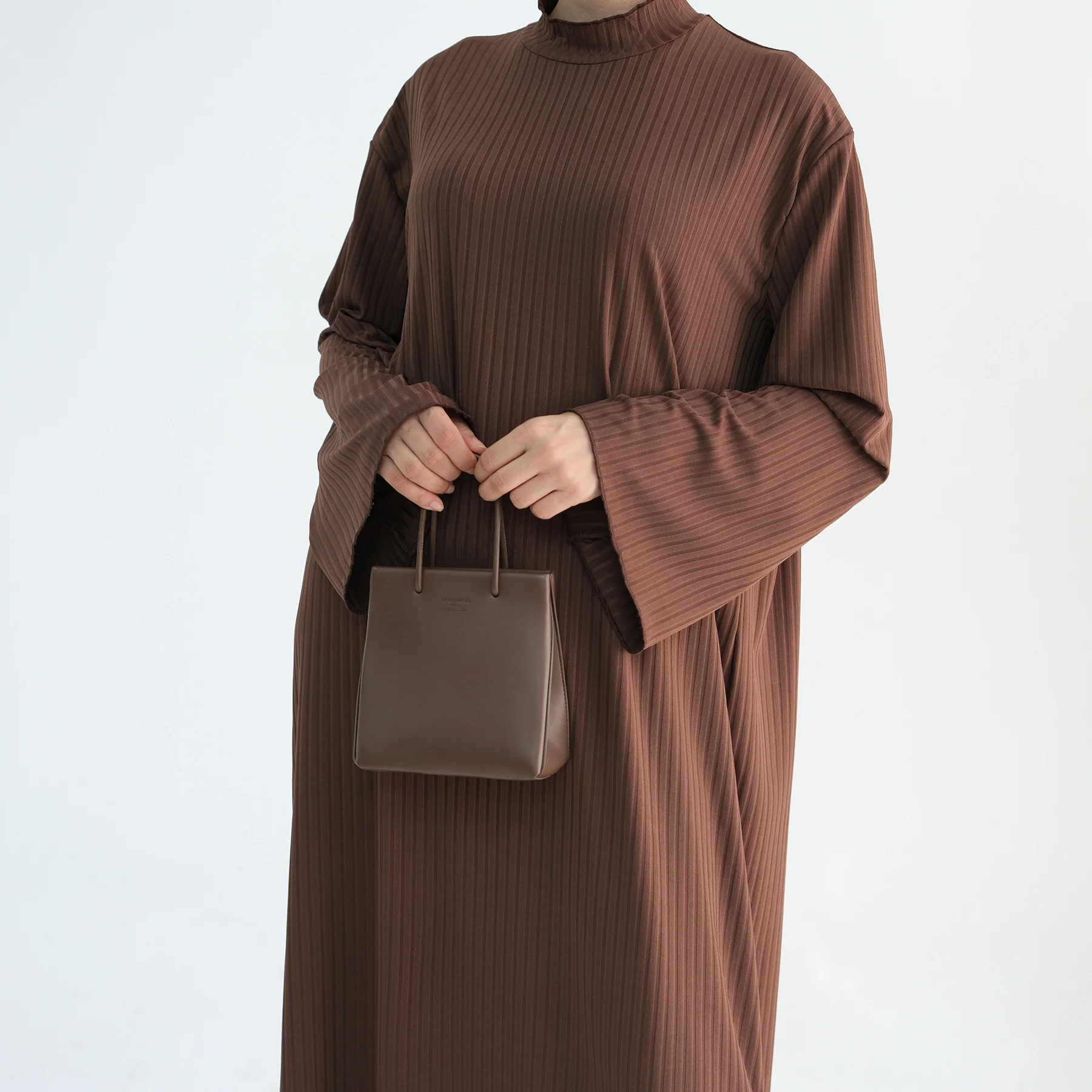 Ribbed Knit Jersey Long Sleeve Abaya – Coffee Brown - Image 3