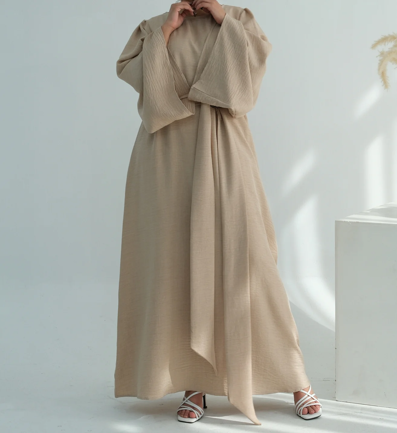 Casual Twill Abaya Dress - Beige - Image 3
