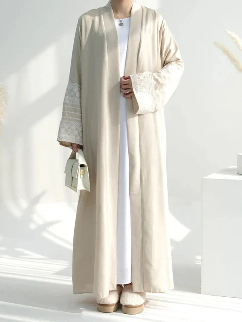 Open Abaya With Embroidered Sleeves - Beige (clearance item online only) - Image 2