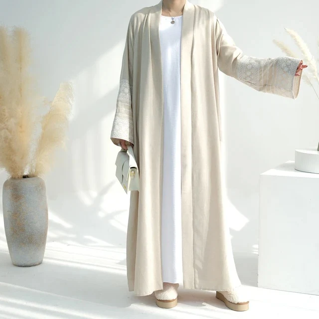 Open Abaya With Embroidered Sleeves - Beige (clearance item online only) - Image 3