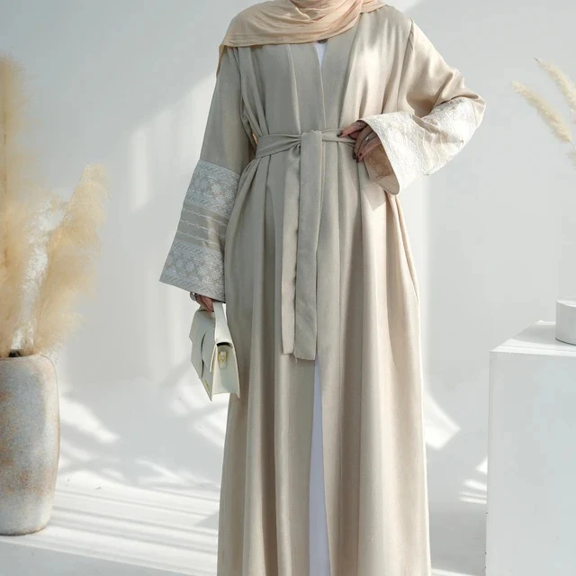 Open Abaya With Embroidered Sleeves - Beige (clearance item online only) - Image 4